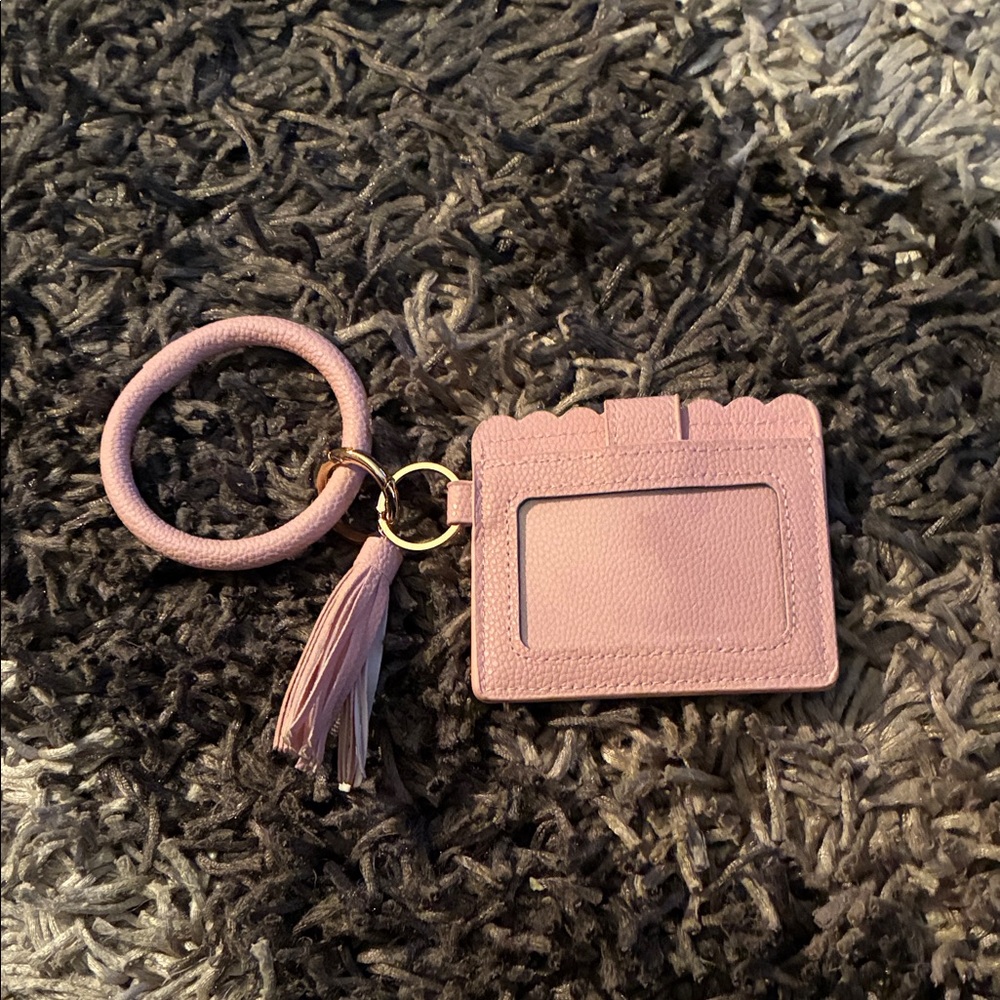 Pink Leather Wristlet Card Holder Keyring with Tassel Ring